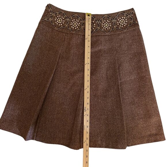 Loft Brown Tweed Embroidered Beaded Wool Blend Pleated A-Line Skirt Size 8 - Picture 3 of 6
